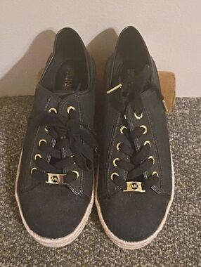 Michael Kors Black Canvas Espadrille-Style Lace-Up Sneakers with Gold Hardware